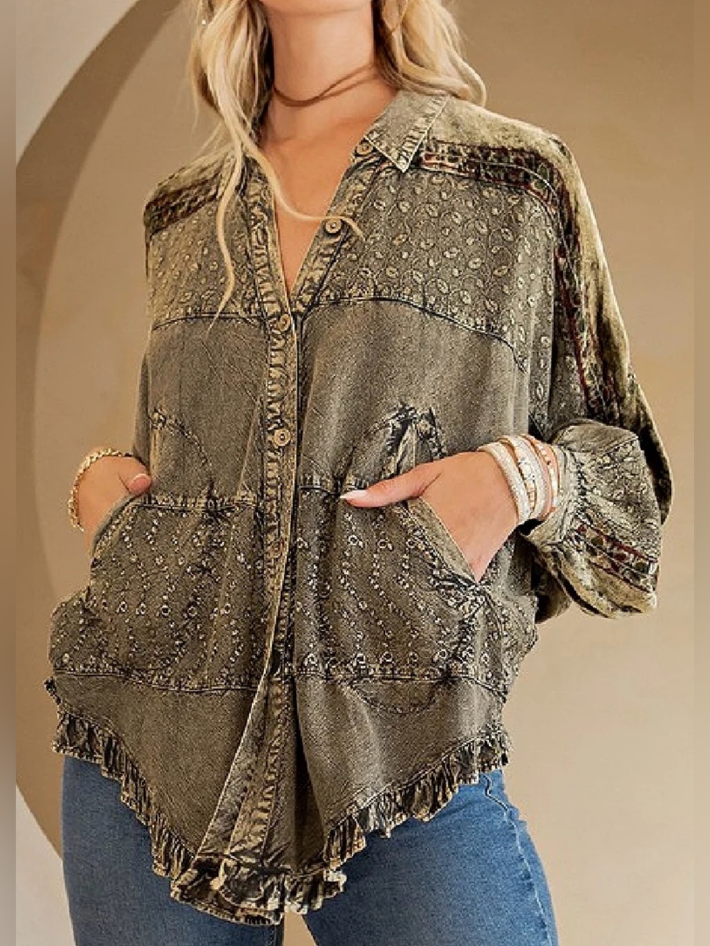 Young Threads Olive Green Boho Patchwork Printed Button Down Blouse - Size M